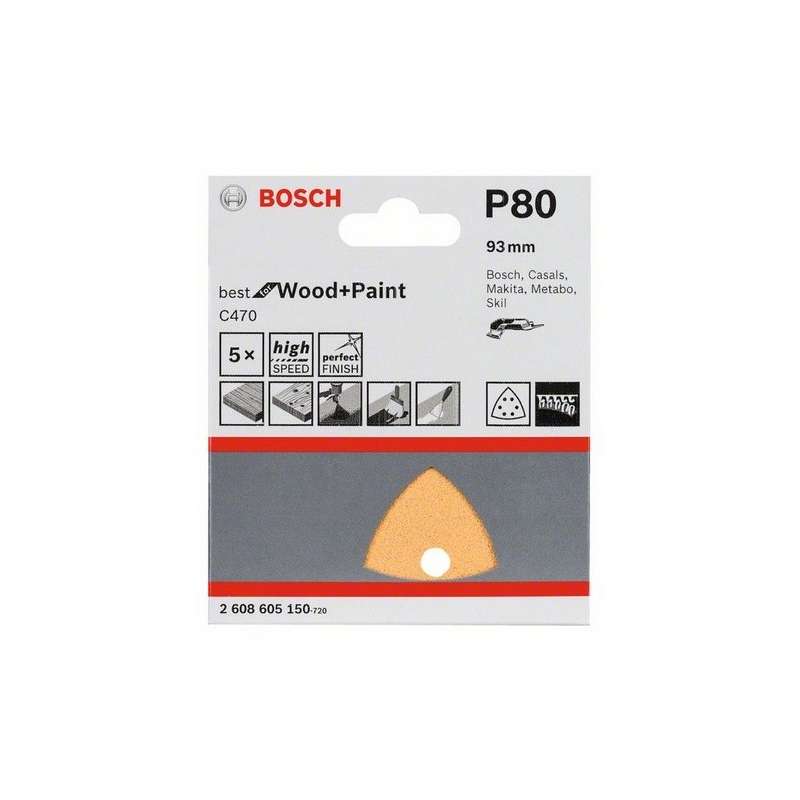 5 Feuilles abrasives C470 BOSCH pour ponceuses Delta 93 mm Best for Wood and Paint 6 trous - Image 2