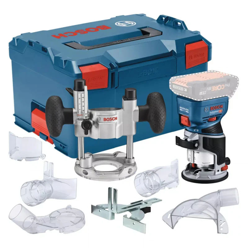 Affleureuse-defonceuse sans fil GKF 18V-8 solo + 1x base plongeante + 1x guide parallèle + 1x Pince de serrage 8mm + 1x Clé plate+ 3x adaptateurs poussière L (vendu sans batterie)