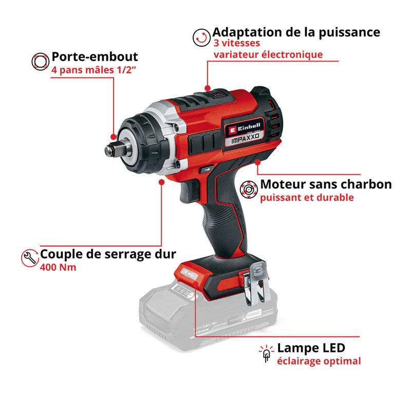Boulonneuse sans fil IMPAXXO 18V 400Nm Power X-Change EINHELL 4510070 (Produit seul) - Image 2