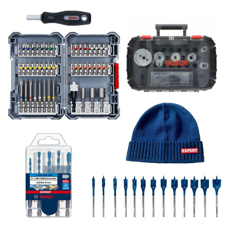 Kit BOSCH 5 forets expert + Assortiment d’embouts de vissage + Coffret de scie trépan + Trousse mèches plates + Bonnet