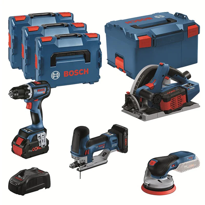Pack 4 outils 18V BOSCH : GSR 18V-90C + GKT 18V-52GC + GST 18V-155 SC+ GEX 18V-125 + 1 batterie 4,0 Ah (ProCORE) + 2 batteries 5,5 Ah (ProCORE) + GAL 1880CV (L)