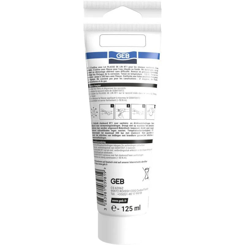 Pâte à joint non durcissante GEB Gebatout 2 pour raccords filetés métalliques 125ml - GEB - 103981 - Image 5