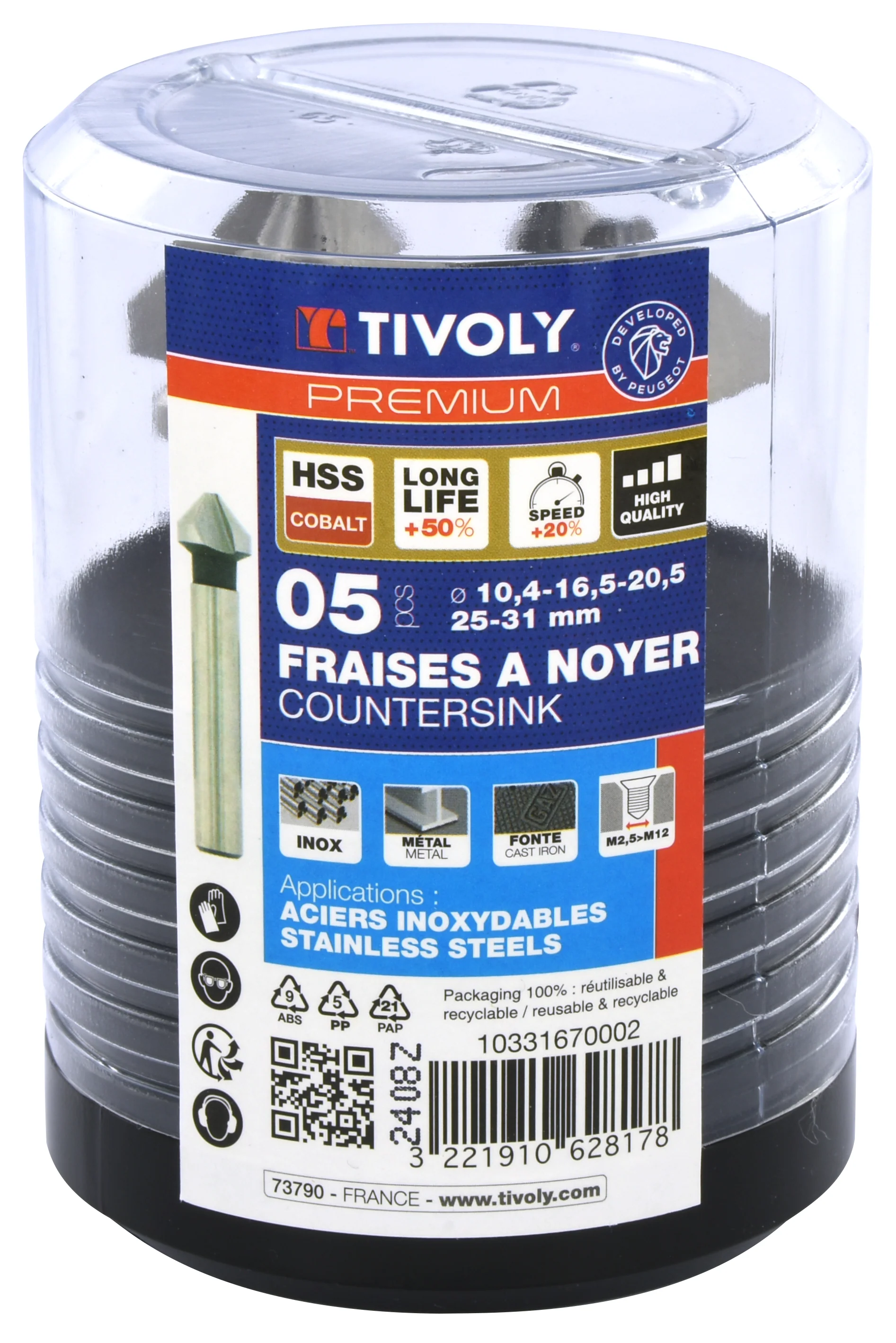 Tivoly Coffret 5 fraises à noyer HSSE5% cobalt DIN335C à 90° Ø 10,4 à 31 mm PREMIUM - Image 2