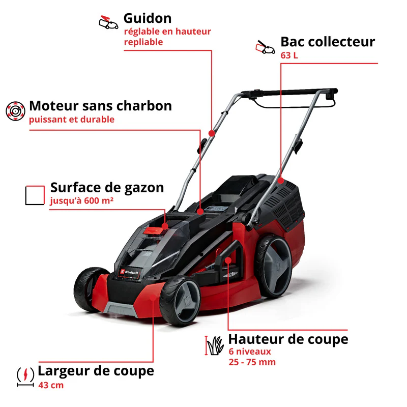 Tondeuse à gazon sans fil GE-CM 43 Li M Kit Power X-Change 36 V EINHELL 3413130 avec 2 batteries 4,0 Ah et chargeurs - Image 2